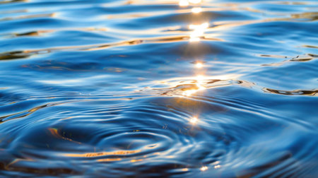 This captivating image showcases a serene water surface filled with gentle ripples reflecting warm sunlight. The tranquil blue tones create a peaceful ambiance, perfect for evoking feelings of relaxation and calm.の素材