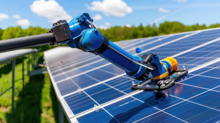 A robotic arm meticulously cleans solar panels under bright sunlight, showcasing innovation in renewable energy technology and maintenance solutions.の素材