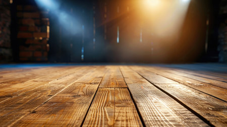 A captivating image showcasing a warm wooden floor illuminated by soft lighting, creating an inviting and serene atmosphere perfect for interior design inspiration.の素材