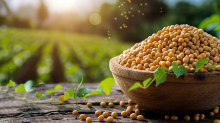 This image depicts freshly harvested golden soybean seeds in a wooden bowl, set against a vibrant green soybean field. The warm sunlight highlights the natural beauty of the scene, showcasing the essence of organic farming.の素材