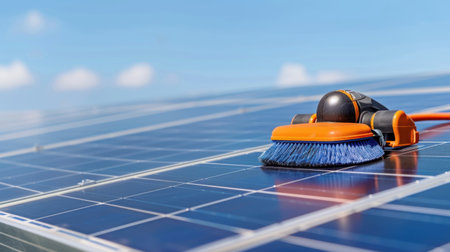 A close-up view of a cleaning brush on a solar panel, showcasing the importance of maintenance for renewable energy systems under a clear blue sky.の素材