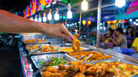 A captivating scene of a hand selecting crispy fried chicken at a bustling night market, showcasing vibrant lights and diverse food stalls filled with various dishes.の素材