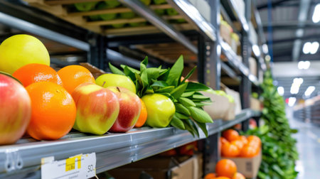 A vibrant arrangement of fresh fruits like apples, oranges, and pears displayed on shelves in a grocery store, highlighting healthy choices for shoppers.の素材