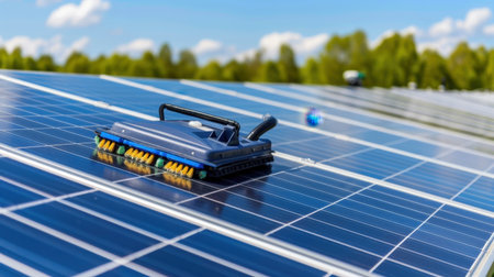 A robotic cleaning device on a solar panel field optimizes energy efficiency through advanced technology, ensuring sustainable energy production in bright conditions.の素材