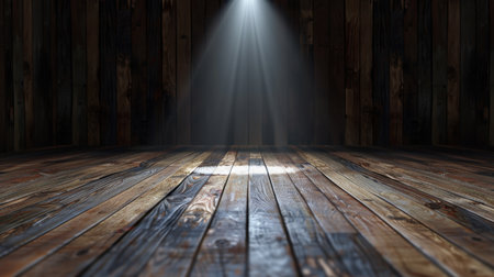 A captivating image featuring a dramatic spotlight casting a beam onto a rustic wooden floor. The interplay of light and shadow creates an inviting ambiance.の素材
