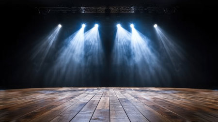 Captivating stage setup featuring dramatic lighting, wooden floor, and atmospheric smoke, ideal for performances, concerts, and theatrical events.の素材