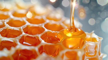 A mesmerizing close-up of honey dripping from a golden honeycomb, showcasing its rich texture and vibrant color against a soft, glimmering background.の素材