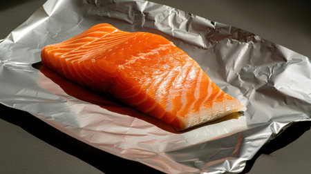 A fresh raw salmon fillet rests on aluminum foil, highlighting its vibrant colors and unique texture, ideal for culinary preparation and healthy meals.の素材