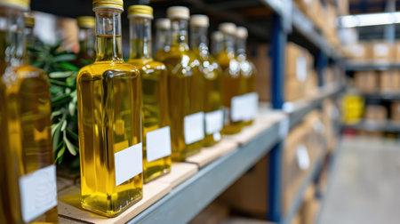 A collection of glass bottles filled with olive oil resting on a shelf in a warehouse. This image showcases the quality packaging and storage of natural food products ready for distribution in the culinary market.の素材
