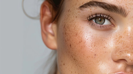 This stunning close-up photograph showcases a woman's freckled face highlighting her radiant skin and expressive eye. The soft natural light enhances the beauty of her delicate features and creates a calming atmosphere.の素材