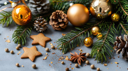 A charming festive arrangement featuring gingerbread star cookies, beautiful ornaments, pinecones, and aromatic spices, perfect for holiday celebrations.の素材