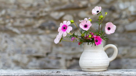 A charming bouquet of delicate pink and purple flowers arranged in a white ceramic jug, set against a rustic stone wall. This serene image evokes a sense of tranquility and natural beauty, perfect for enhancing any interior space.の素材