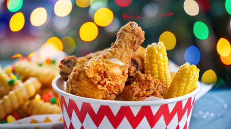 This vibrant stock photo captures crispy fried chicken and sweet corn, perfect for evoking festive dining experiences and sharing delicious meals.の素材