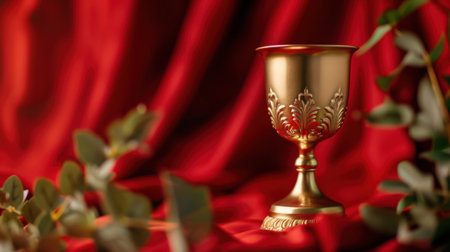 This stunning still life features an elegant golden cup with an intricate design, beautifully set against a rich red fabric backdrop and accompanied by green foliage, exuding a sense of luxury and sophistication.の素材