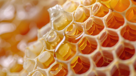 A detailed close-up image of honeycomb showcasing golden honey dripping from its hexagonal cells. This natural product highlights the artistry of nature.の素材