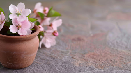 A charming arrangement of delicate pink cherry blossom flowers in a clay pot, set against a rustic background that evokes feelings of spring and nature.の素材