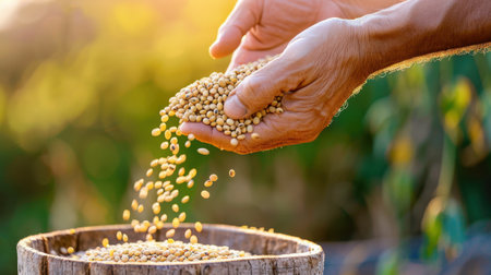 A close-up image captures hands pouring seeds into a rustic wooden container. The soft sunset light creates a warm atmosphere, highlighting the agricultural process and connection to nature.の素材