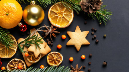 A beautifully styled flat lay image featuring festive cookies, dried citrus fruits, and decorative elements, set against a dark surface, perfect for holiday themes.の素材