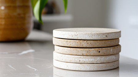 This image features a stack of elegant ceramic coasters on a modern kitchen countertop, showcasing minimalist design and natural textures.の素材