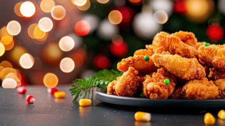 A mouthwatering plate of crispy fried chicken wings sits on a table, with festive bokeh lights and colorful decorations in the background, perfect for holiday gatherings.の素材