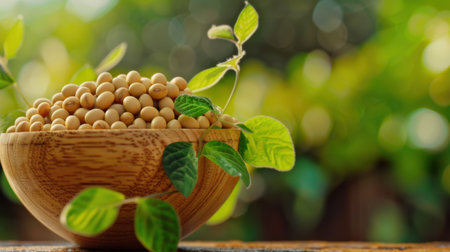 A picturesque scene featuring freshly harvested soybeans in a wooden bowl surrounded by lush green leaves, set against a softly blurred natural background.の素材