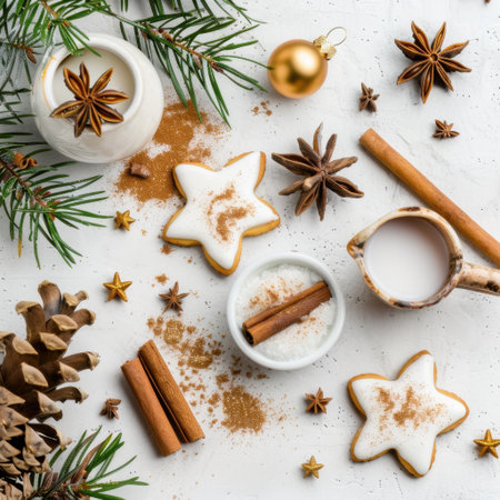 A cozy winter arrangement featuring star-shaped cookies, cinnamon sticks, star anise, and milk in a rustic setting, perfect for festive celebrations.の素材