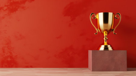 A golden trophy elegantly placed on a pedestal against a vibrant red wall, symbolizing achievement and celebration. Ideal for victory and success themes.の素材