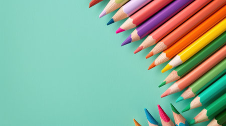 A stunning array of colored pencils in multiple hues are neatly aligned on a turquoise background, perfect for art projects and creative expression.の素材
