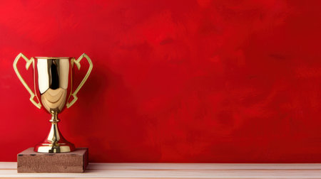 A gleaming golden trophy stands elegantly on a wooden shelf against a vibrant red background, symbolizing success, achievement, and celebration of excellence.の素材