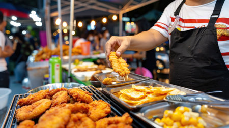 A street food vendor skillfully prepares fried snacks in a lively night market, showcasing delicious crispy treats and an inviting atmosphere.の素材
