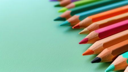 A vibrant array of colored pencils neatly aligned on a soft green background, perfect for artistic and educational projects or creative inspiration.の素材