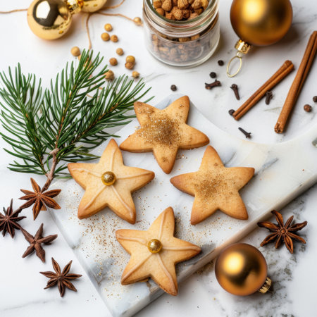 Delight in the charm of star-shaped cookies, sprinkled with spices and gold, perfect for holiday gatherings. A beautiful festive arrangement invites joy and warmth.の素材