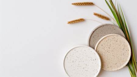 Minimalistic design featuring decorative ceramic plates in neutral colors with dried grass, perfect for kitchen decor or aesthetic photography.の素材