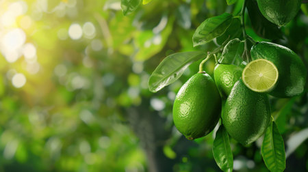 A stunning image of fresh green avocados hanging on a tree branch, illuminated by sunlight, surrounded by lush green leaves. Perfect for food-related themes.の素材
