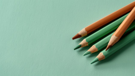 A collection of colorful pencils in green and orange tones, carefully arranged on a textured pastel background, perfect for educational and creative use.の素材