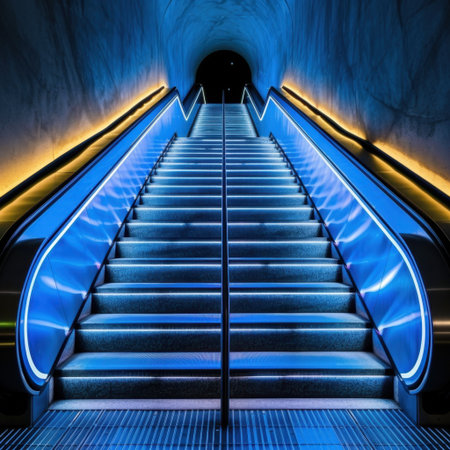 An escalator ascends through a softly lit modern tunnel highlighted by striking blue illumination, evoking a sense of futuristic elegance and vibrant energy.の素材