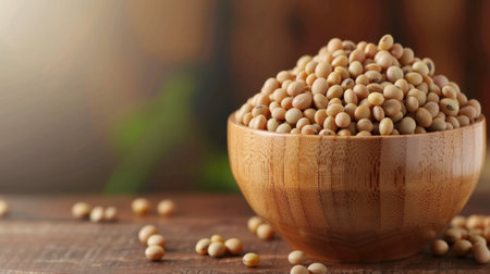 This image features a close-up view of raw soybeans beautifully arranged in a wooden bowl. The background showcases rustic elements with soft natural light, highlighting the organic quality of the legumes. Perfect for health-related content and cooking inspiration.の素材
