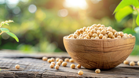 A rustic wooden bowl filled with fresh raw soybeans sits on a weathered wooden surface, surrounded by lush greenery and warm sunlight, perfect for healthy meal inspiration.の素材