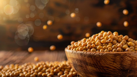 A beautiful close-up of golden soybeans spilling from a wooden bowl, resting on a rustic table. The soft bokeh background enhances the warm, organic feel, perfect for food and agriculture themes.の素材