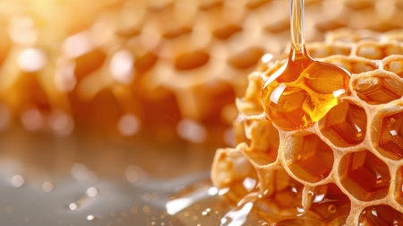 This beautiful image captures honey dripping from a honeycomb, showcasing its glossy texture and warm golden hues. The soft lighting adds an inviting glow, enhancing its appeal for culinary and wellness uses.の素材