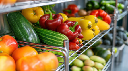 A vibrant display of assorted fresh vegetables including peppers, zucchini, and tomatoes neatly arranged on metal shelves in a market setting.の素材