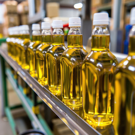 A row of clear bottles filled with oil sits neatly on a production line, highlighting the efficiency of modern manufacturing and quality control in food processing.の素材