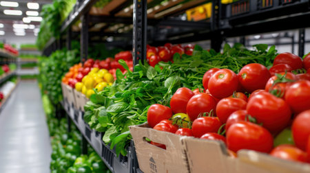 A vibrant display of fresh organic vegetables at a grocery store featuring juicy tomatoes, crisp greens, and colorful peppers in neatly arranged boxes.の素材
