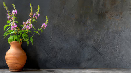 This image features a stylish clay vase filled with vibrant blooming flowers, set against a textured black background, creating a calming atmosphere perfect for home decor.の素材