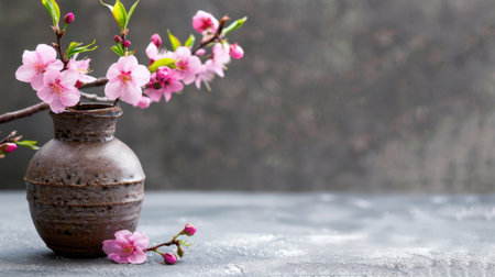 A serene still life featuring delicate pink cherry blossoms in a rustic vase, set against a textured gray background. Perfect for spring themes.の素材
