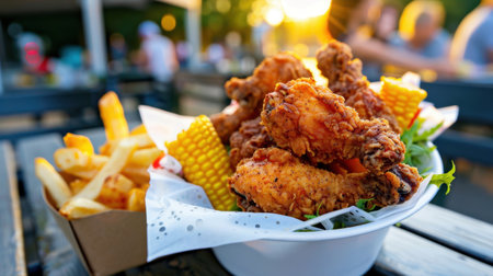 A mouthwatering bowl of crispy fried chicken wings accompanied by golden fries and fresh corn, perfect for outdoor dining at sunset.の素材