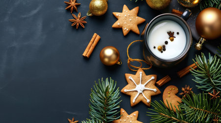 A delightful arrangement of Christmas cookies, spices, and ornaments surrounds a cozy mug filled with warm milk, set against a dark background.の素材