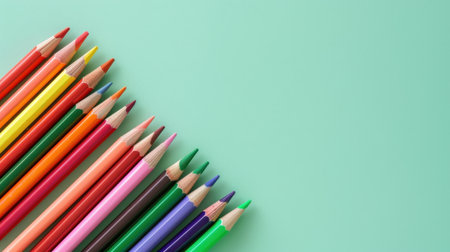 A vibrant collection of sharpened colored pencils displayed on a soft mint green background. Perfect for inspiring creativity in artists and students alike.の素材