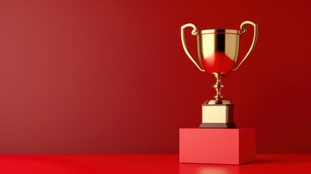 A stunning gold trophy stands proudly on a red pedestal, embodying achievement and victory. Ideal for representing success in competitions and awards.の素材