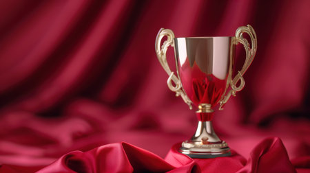 A gleaming trophy stands on rich red satin fabric, symbolizing victory and achievement in competitions. Ideal for celebration themes and awards.の素材